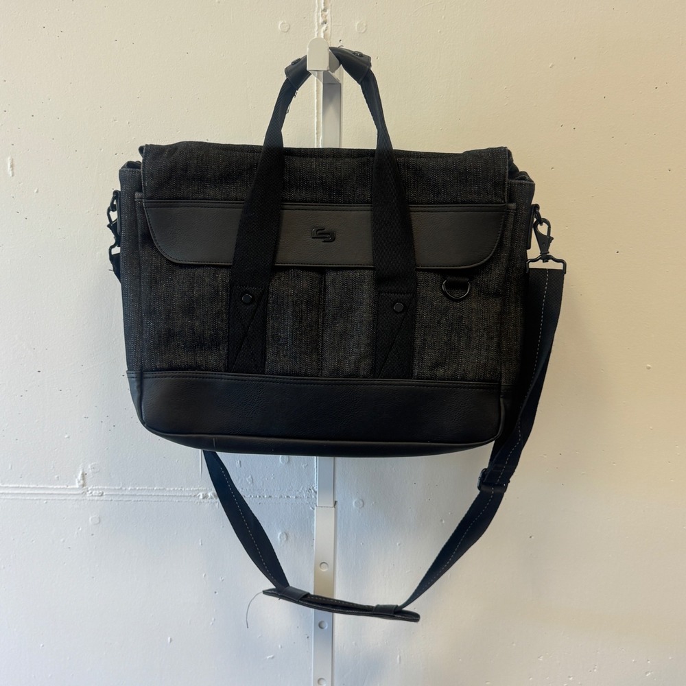 Solo Bradford Hybrid Briefcase Messenger Bag Black Denim Faux Leather Laptoper